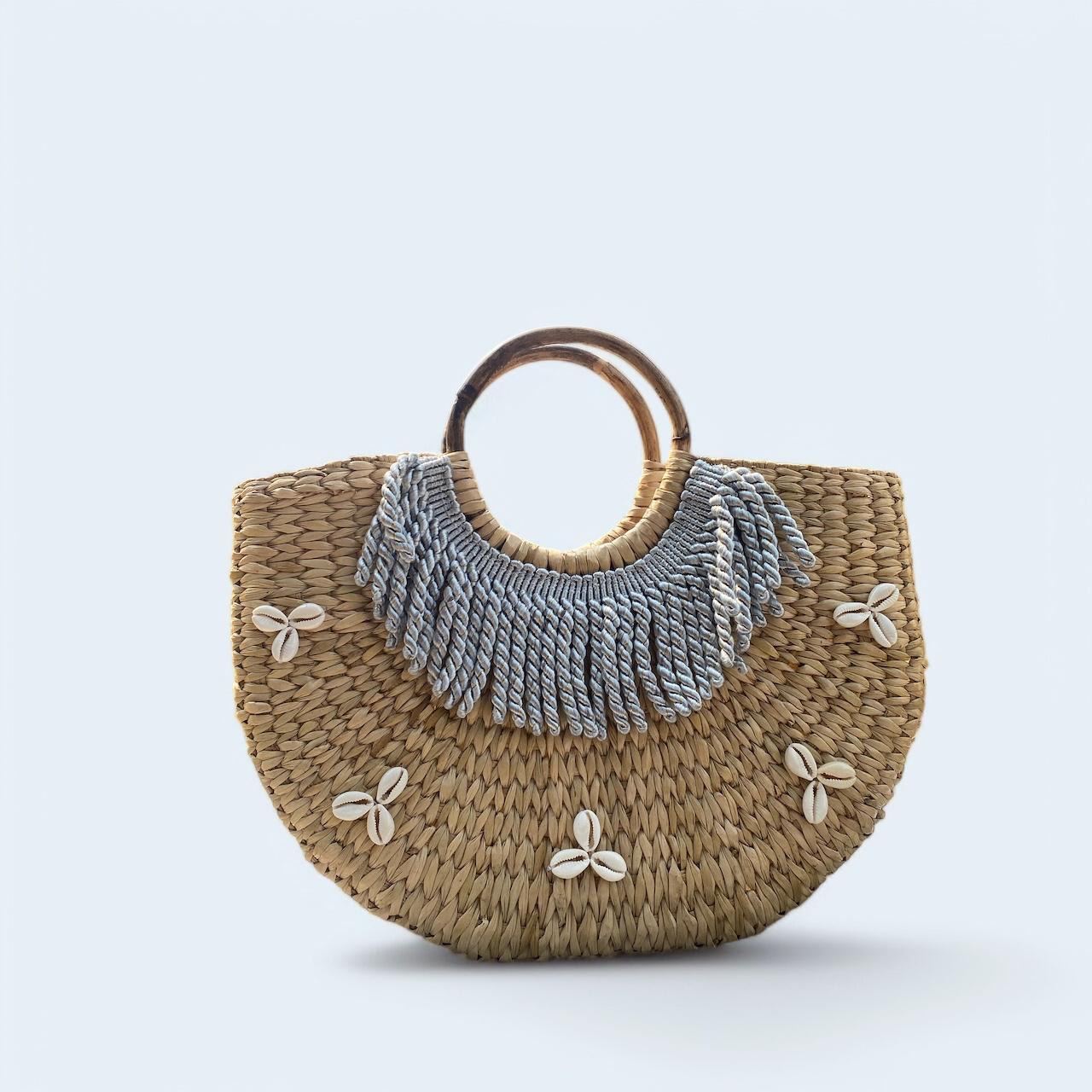 Oval Tassel and Cowrie Water Reed Basket Bag