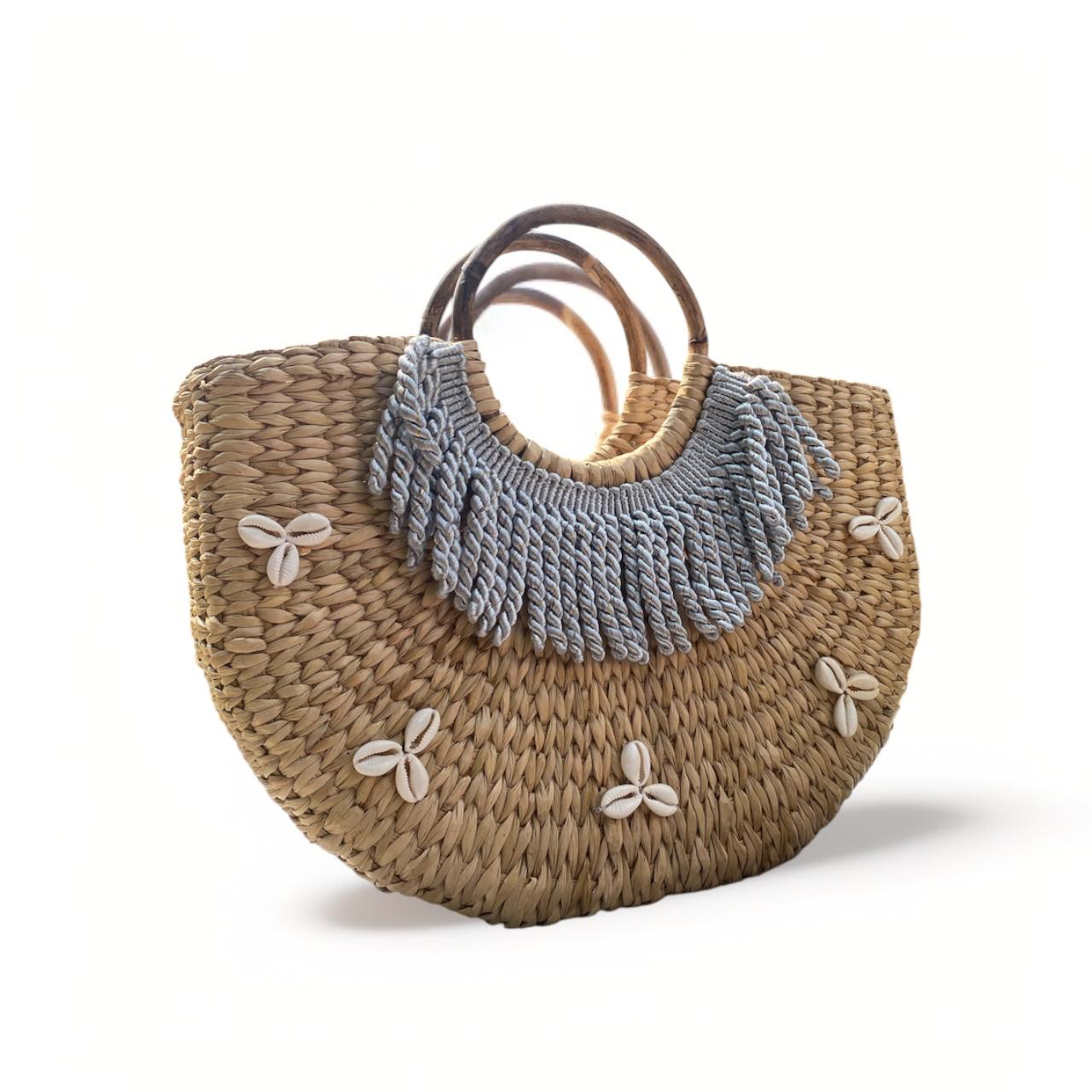 Oval Tassel and Cowrie Water Reed Basket Bag