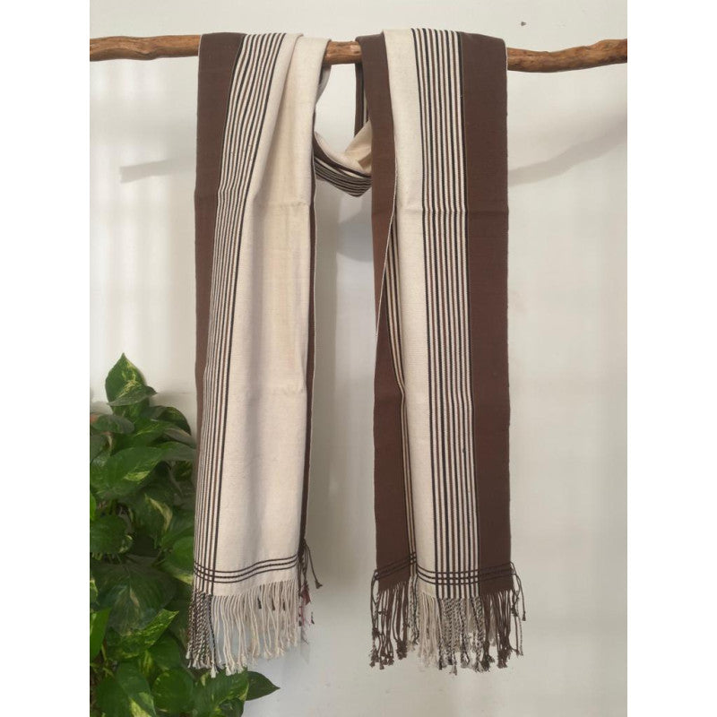 White with brown Loin Loom Shawl Pure Cotton - Viko