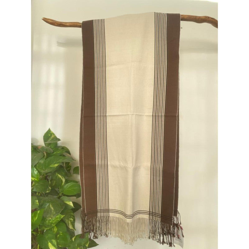 White with brown Loin Loom Shawl Pure Cotton - Viko