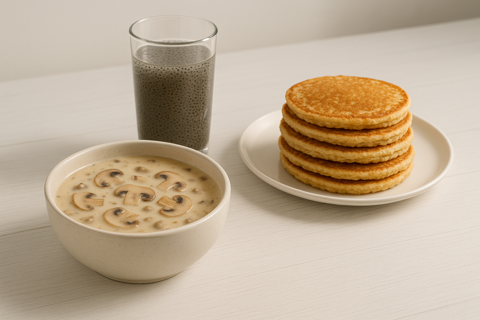 a professional product photography of a healthy breakfast which includes a bowl of mushroom soup, a plate of millet pancake mix and a glass of Chia seeds juice on a minimalist table.