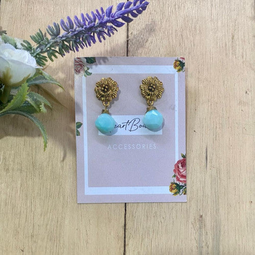 Gold flower oxidised with mint beaded earrings - Heart Bound Accessories