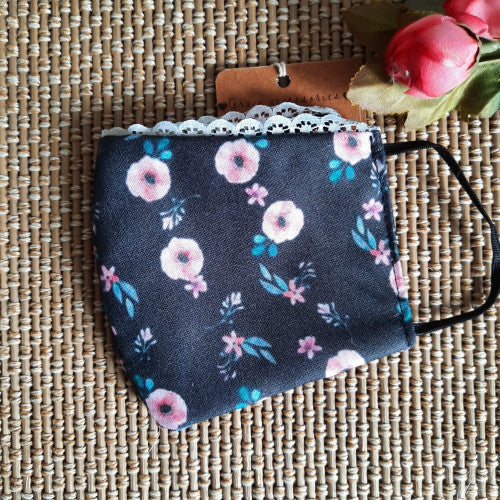 Black floral lace trim face mask - Grace Accessories