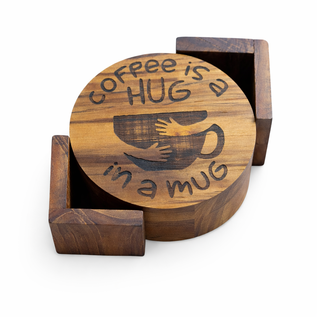 Wooden coaster set with 'Coffee is hug in a mug' text and design.