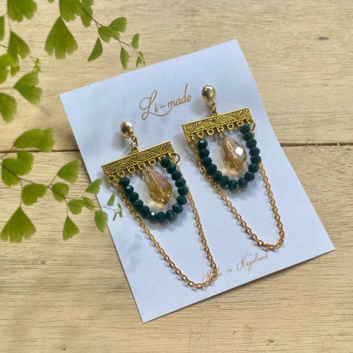 Emerald green beaded with gold earrings - Li Made