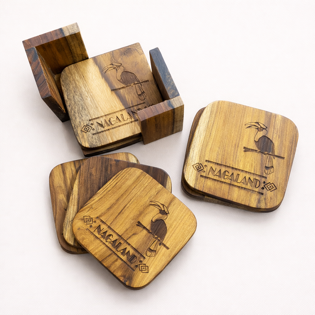 Wooden coasters with 'Nagaland' engraving