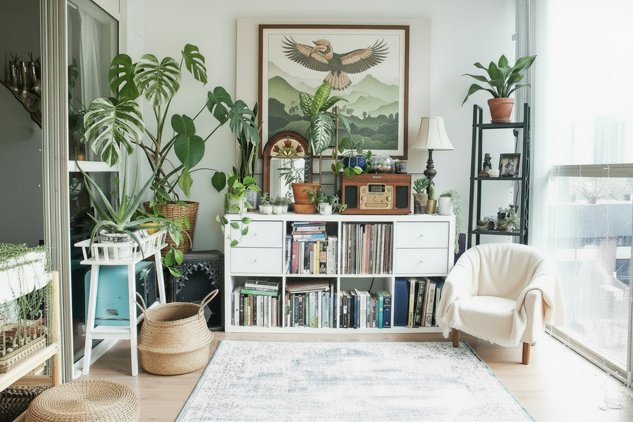 Living room with a bookshelf, plants, and a chair.