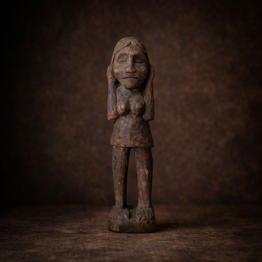 Tribal Women With Basket Antique Wooden Sculpture - Indigi craft