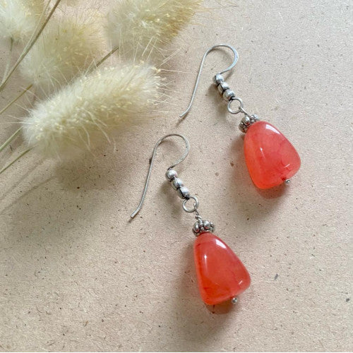 Peach Orange Agate Gemstone with German silver Earrings - Annie Sakhamo