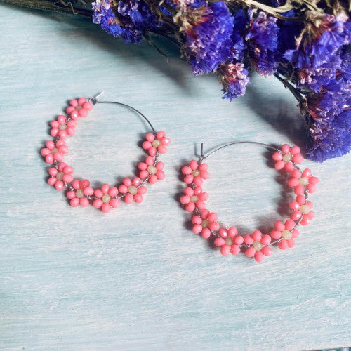 Pink beaded flower hoop earrings - Dimasa Ethnic Collections