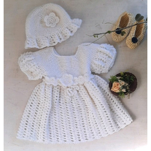 White wool knitted dress with hat and adjustable band - Aren Crochet